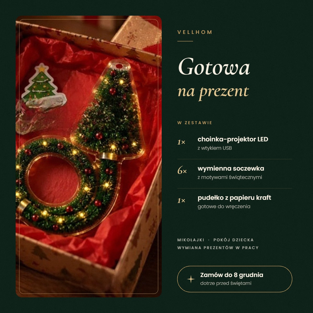 Choinka-projektor LED w pudełku prezentowym – zawartość zestawu