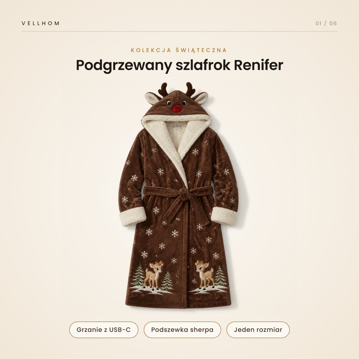 Podgrzewany szlafrok Renifer z kapturem – brązowy polar, czerwony nosek, podszewka sherpa
