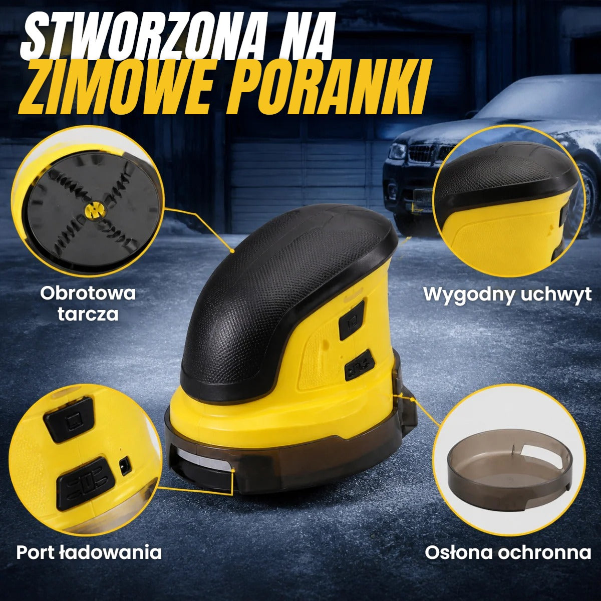 Elektryczna skrobaczka do szyb: obrotowa tarcza, wygodny uchwyt, port ładowania i osłona ochronna