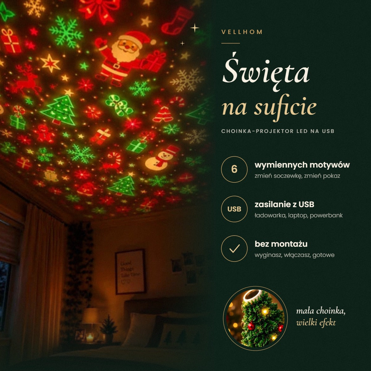Choinka-projektor LED na USB wyświetla świąteczne wzory na suficie sypialni
