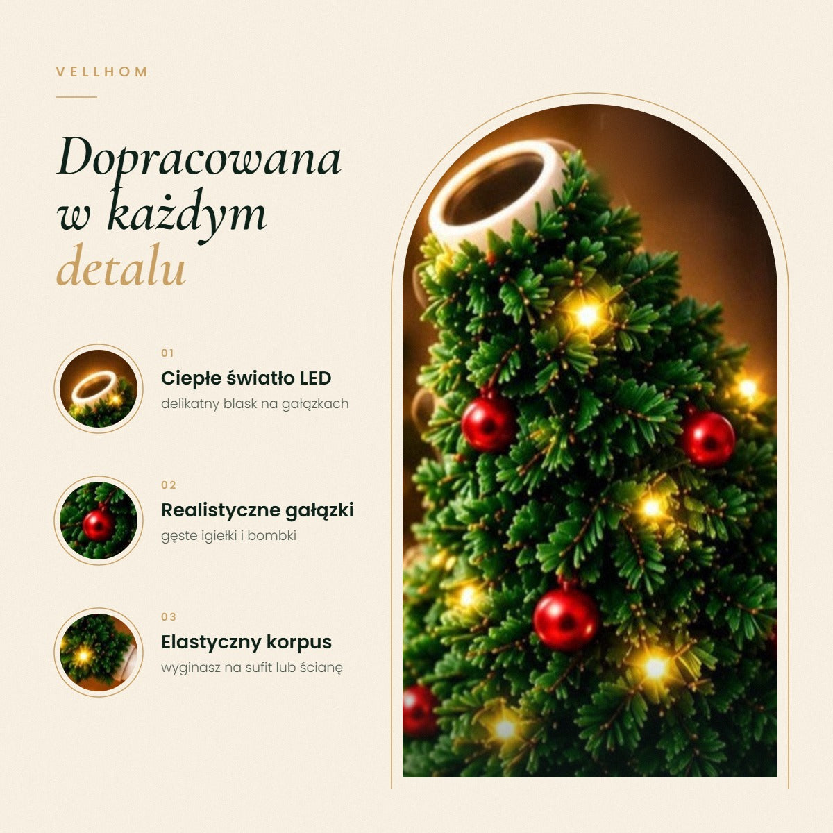 Detale choinki-projektora LED: ciepłe światło, realistyczne gałązki, elastyczny korpus