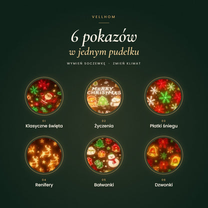 6 wymiennych soczewek: klasyczne święta, życzenia, płatki śniegu, renifery, bałwanki, dzwonki
