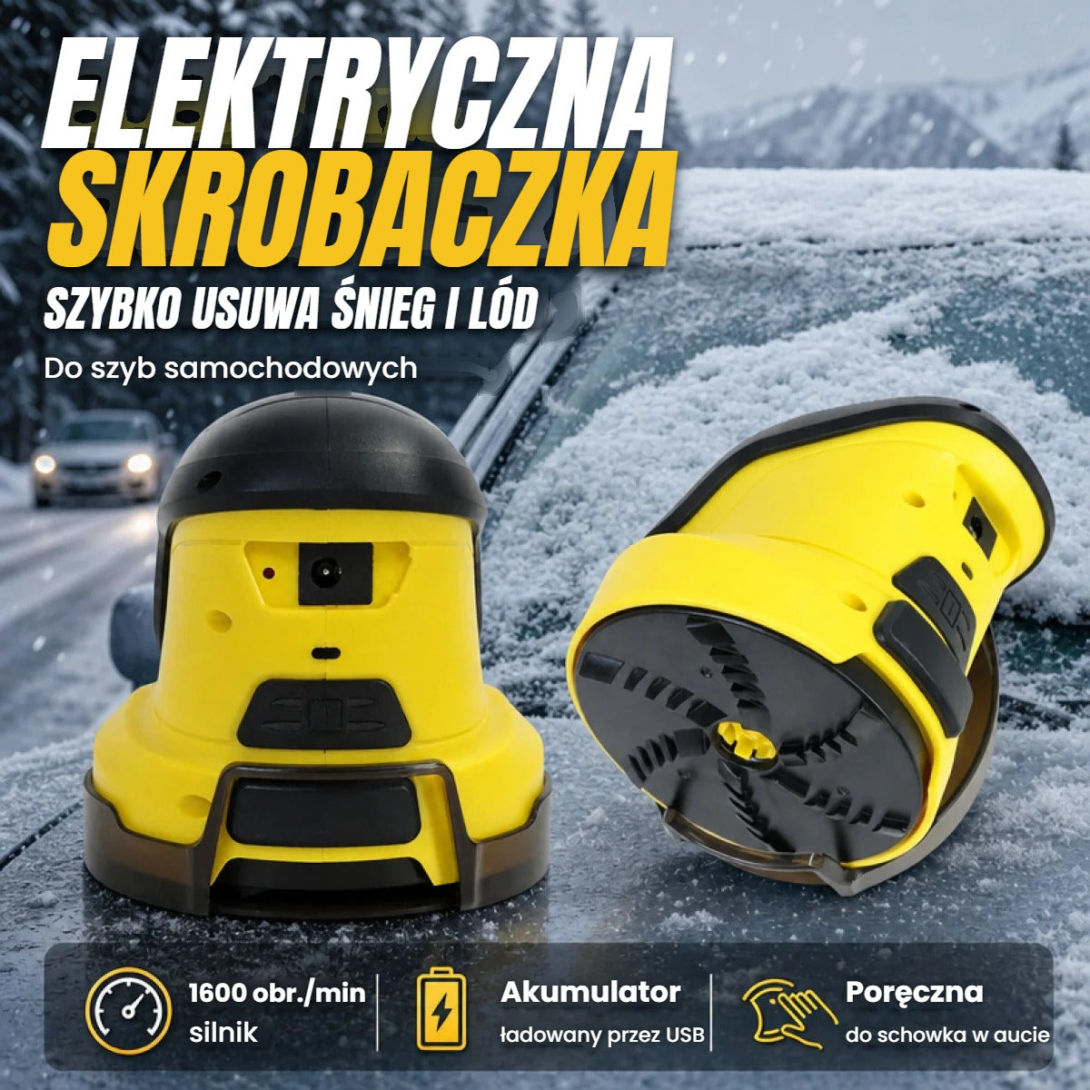 Elektryczna skrobaczka do szyb samochodowych, silnik 1600 obr./min, akumulator ładowany przez USB