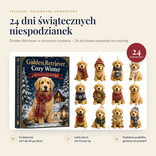 Kalendarz adwentowy z psami Golden Retriever – 24 akrylowe zawieszki na choinkę w ozdobnym pudełku