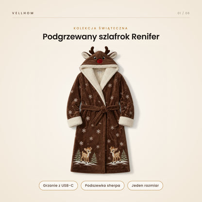 Podgrzewany szlafrok Renifer z kapturem – brązowy polar, czerwony nosek, podszewka sherpa